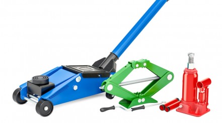 3 types of car jacks, one blue, one red, one green, and isolated on white