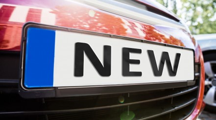 Close up of a license plate frame with a plate in showing the word new