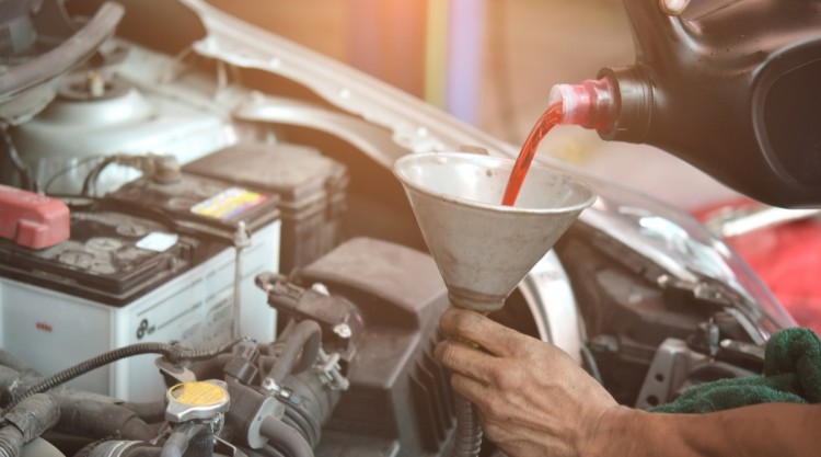 Pouring Transmission Fluid in Vehicle