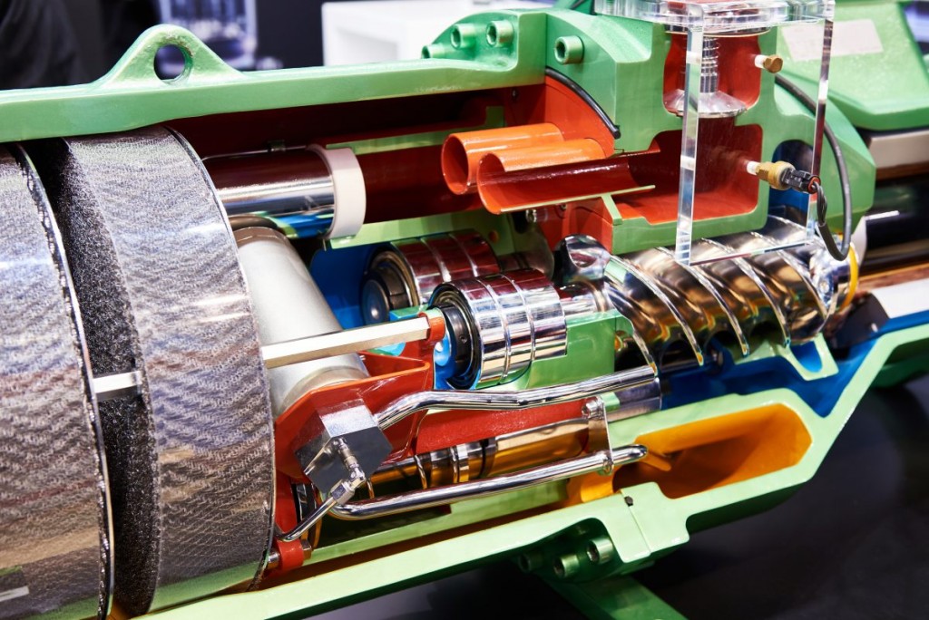 A cut away cross section of an air compressor showing it's internal mechanics