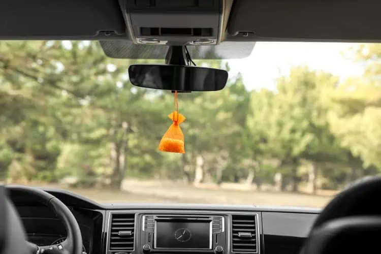 Air purifying air freshener hanging from rear view mirror