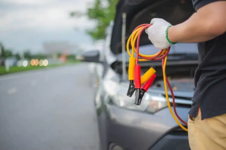 Man at roadside beside car holding jumper cables