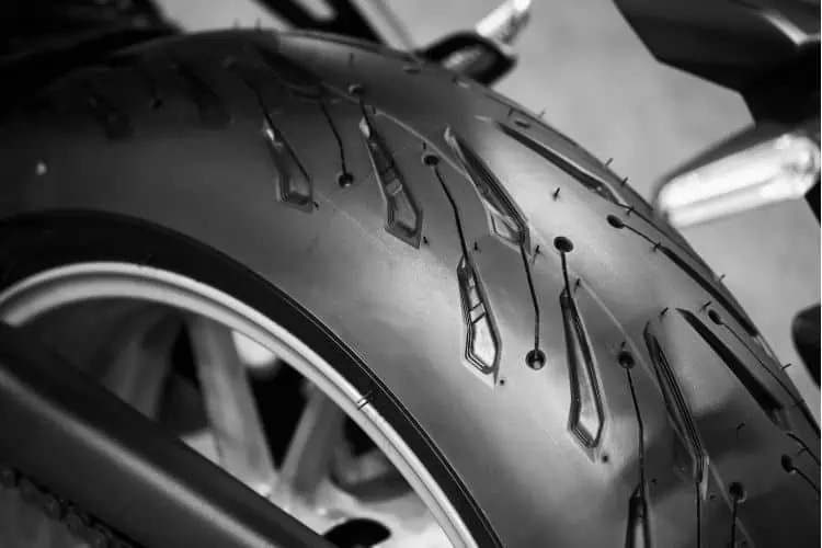 Close up of tire of a high performance motorcycle