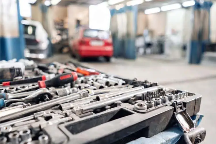 close up of car tools in a garage